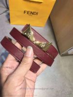 AAA Fake Fendi Wine Leather Belt For Women - Gold Buckle With Diamond
